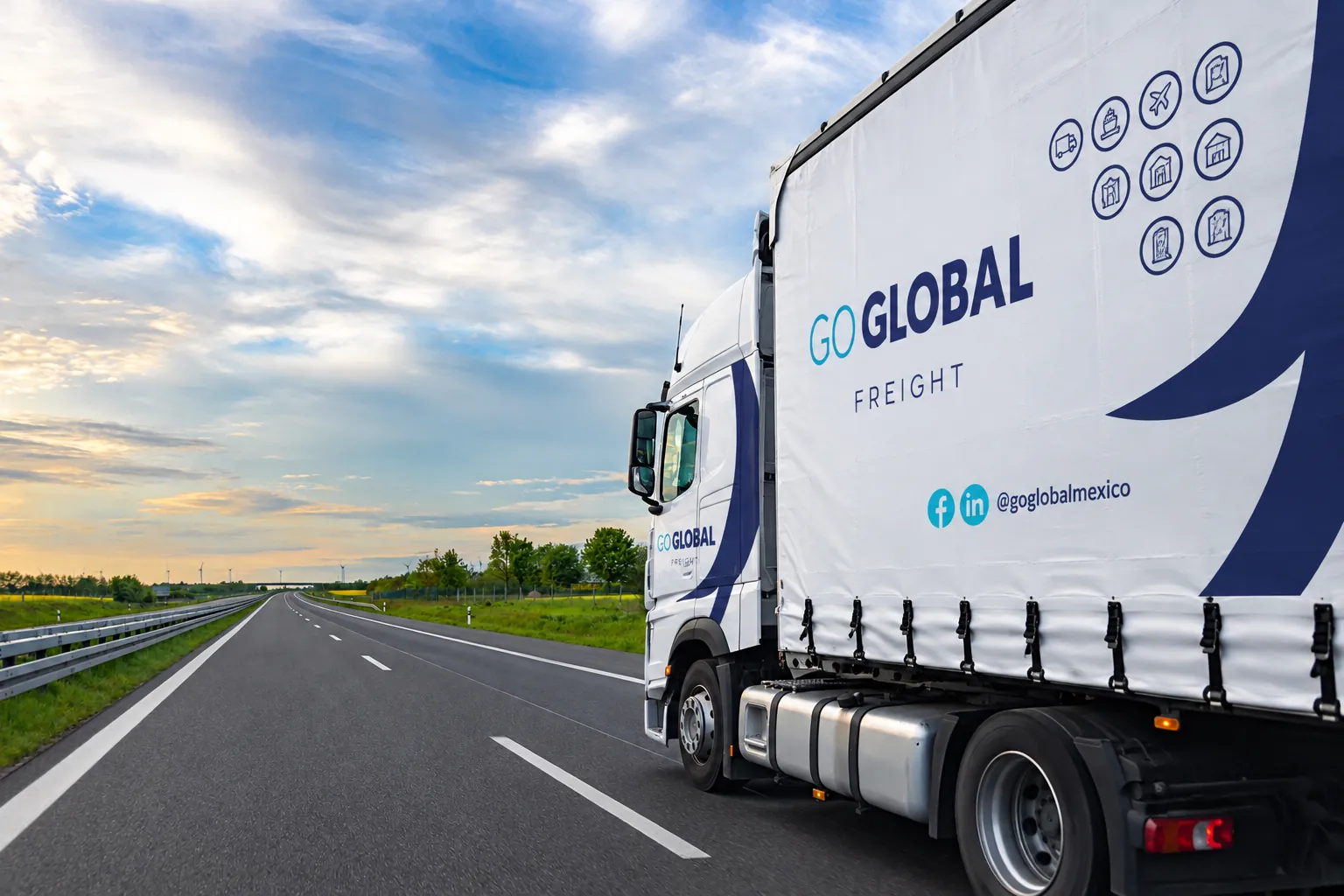 Go Global Freight trailer on the highway at sunset