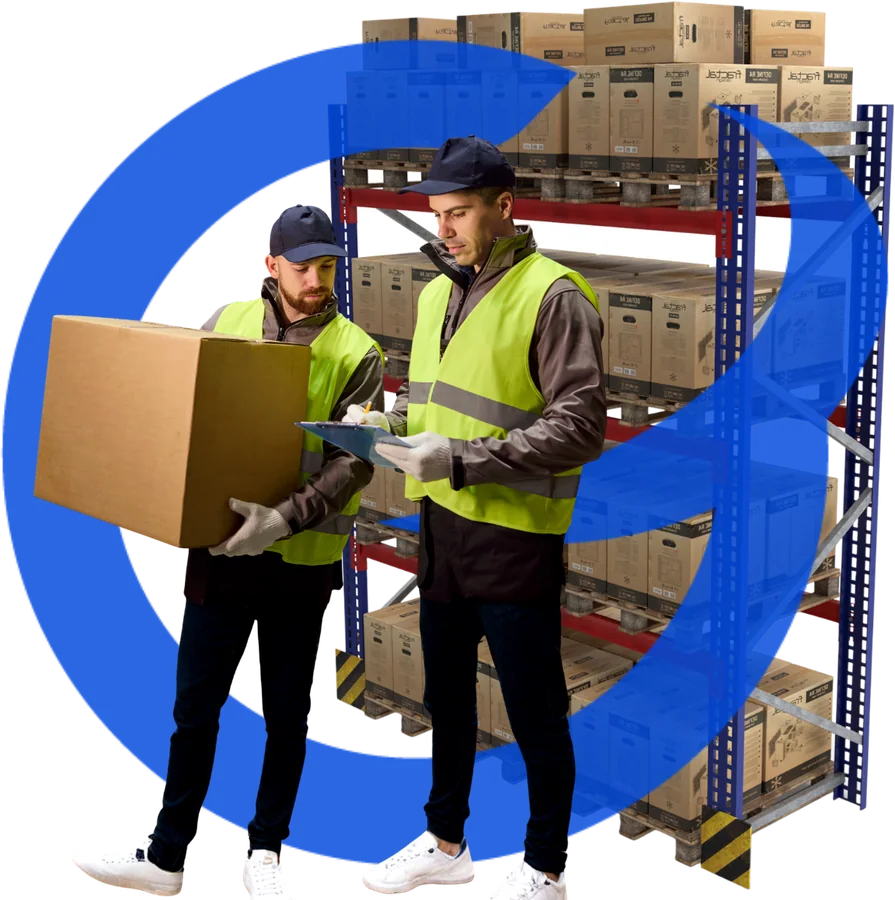 Warehouse team checking stock on racks, framed by the Go Global Warehousing G