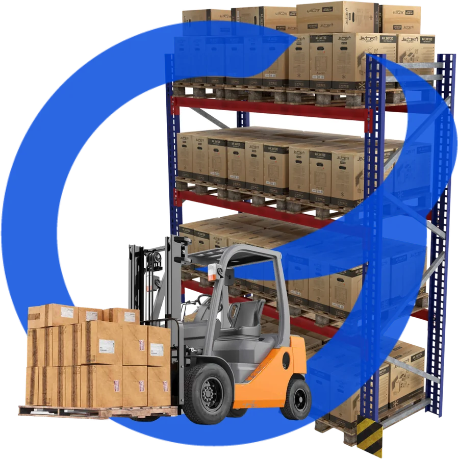Forklift and racked warehouse inside the Go Global Warehousing G